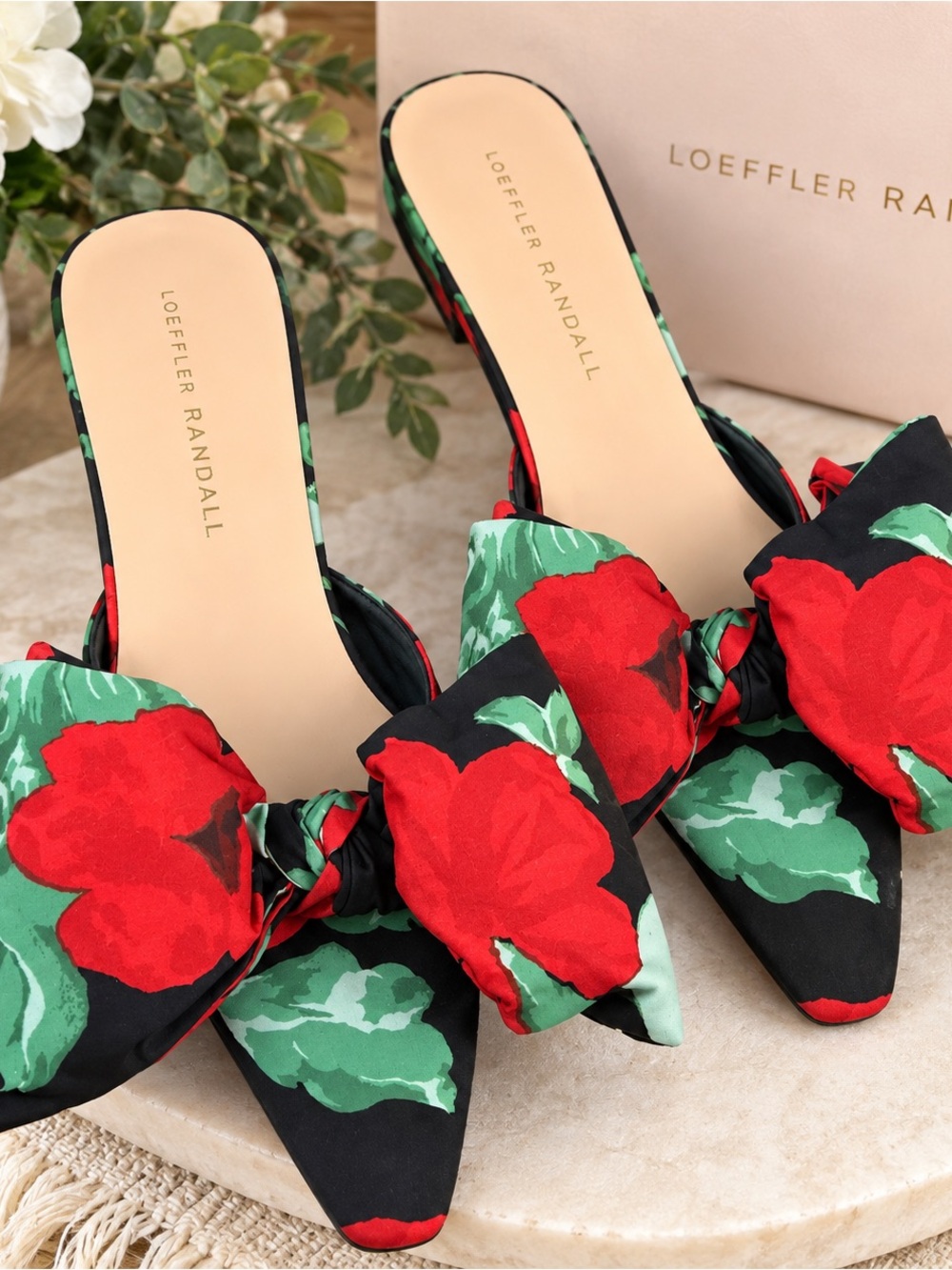 Loeffler Randall Floral Bow Mule Heels Black Red Green NWT